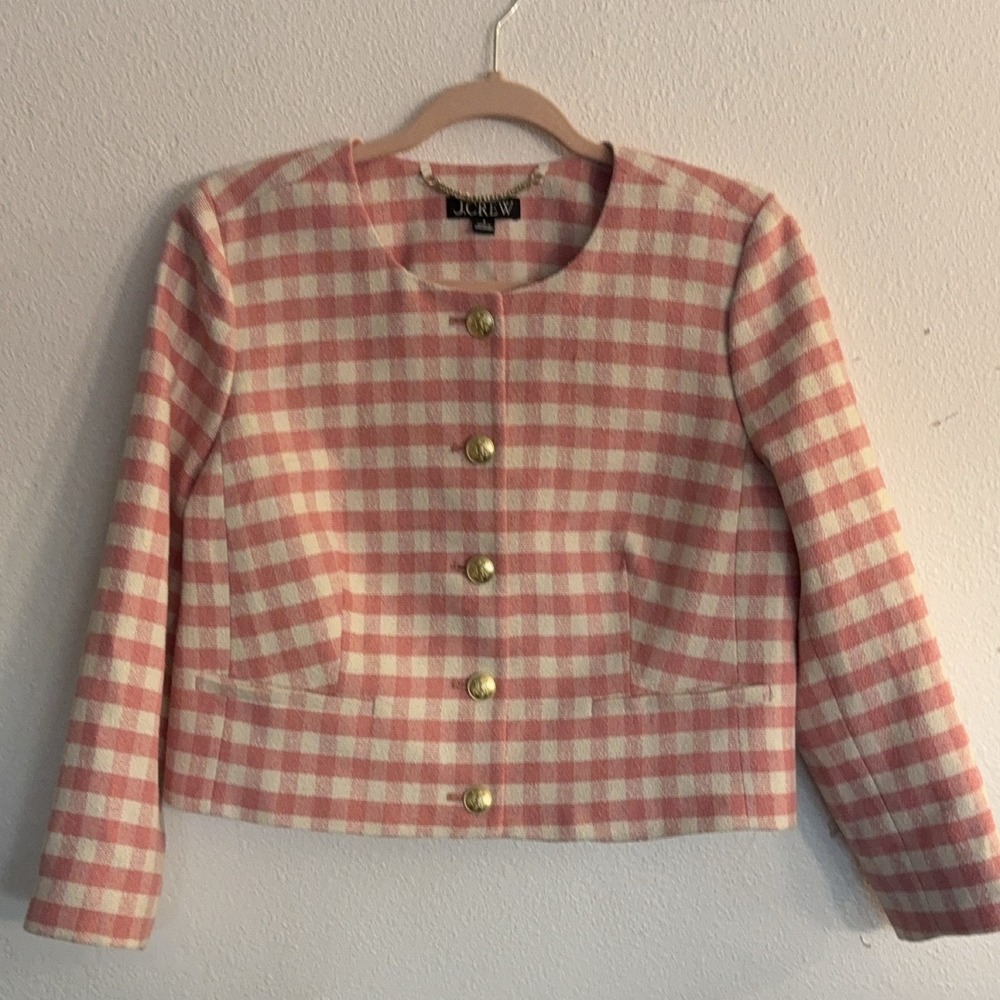 J.Crew Louisa Lady Jacket Women's 8 Pink White Tweed Gingham Gold Button - Picture 1 of 5